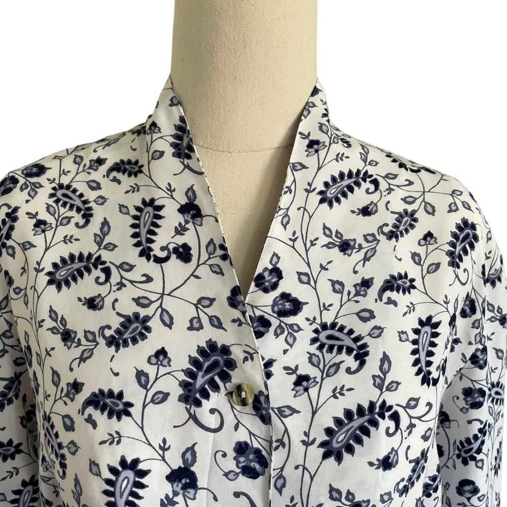 ESPRIT Sz S Blue paisley design on soft cotton button down shirt collarless - Picture 2 of 10